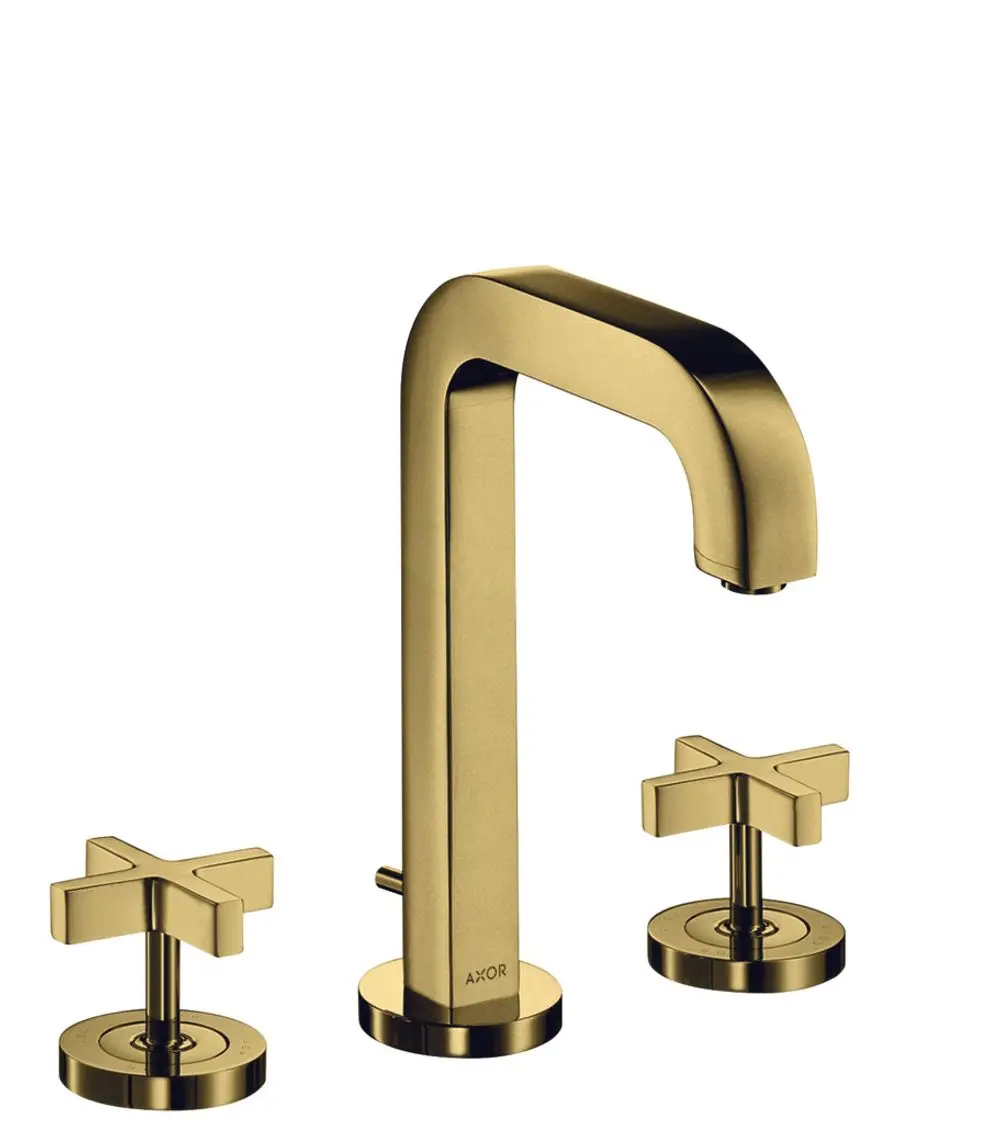 Waschtischarmatur mit goldener Oberfläche von AXOR, bestehend aus einem hohen Auslauf und zwei Kreuzgriffen. Kompakte Bauweise mit Rosetten und Ablaufsystem.